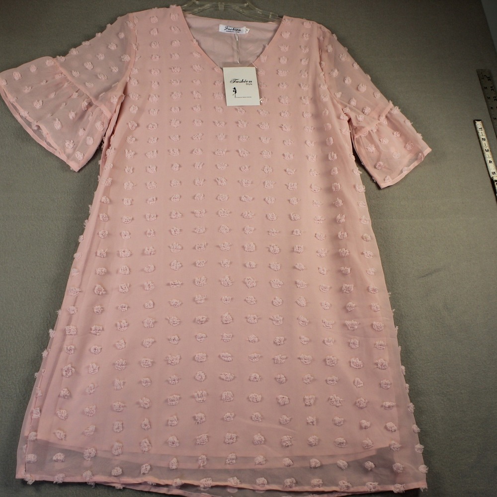 Fashion Collection Swiss Dot Dress Womens Medium Pink New Bell Sleeve Chiffon
